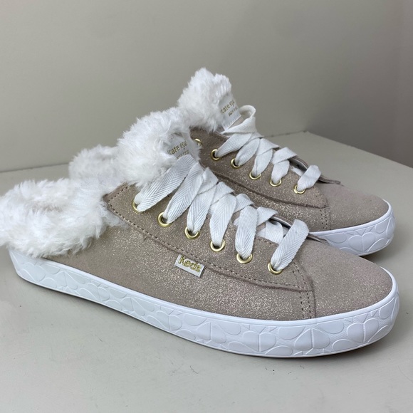 Kate Spade Keds Tan Sparkle Fur Trim Slip On Tennis Shoes size 7 - Picture 2 of 9